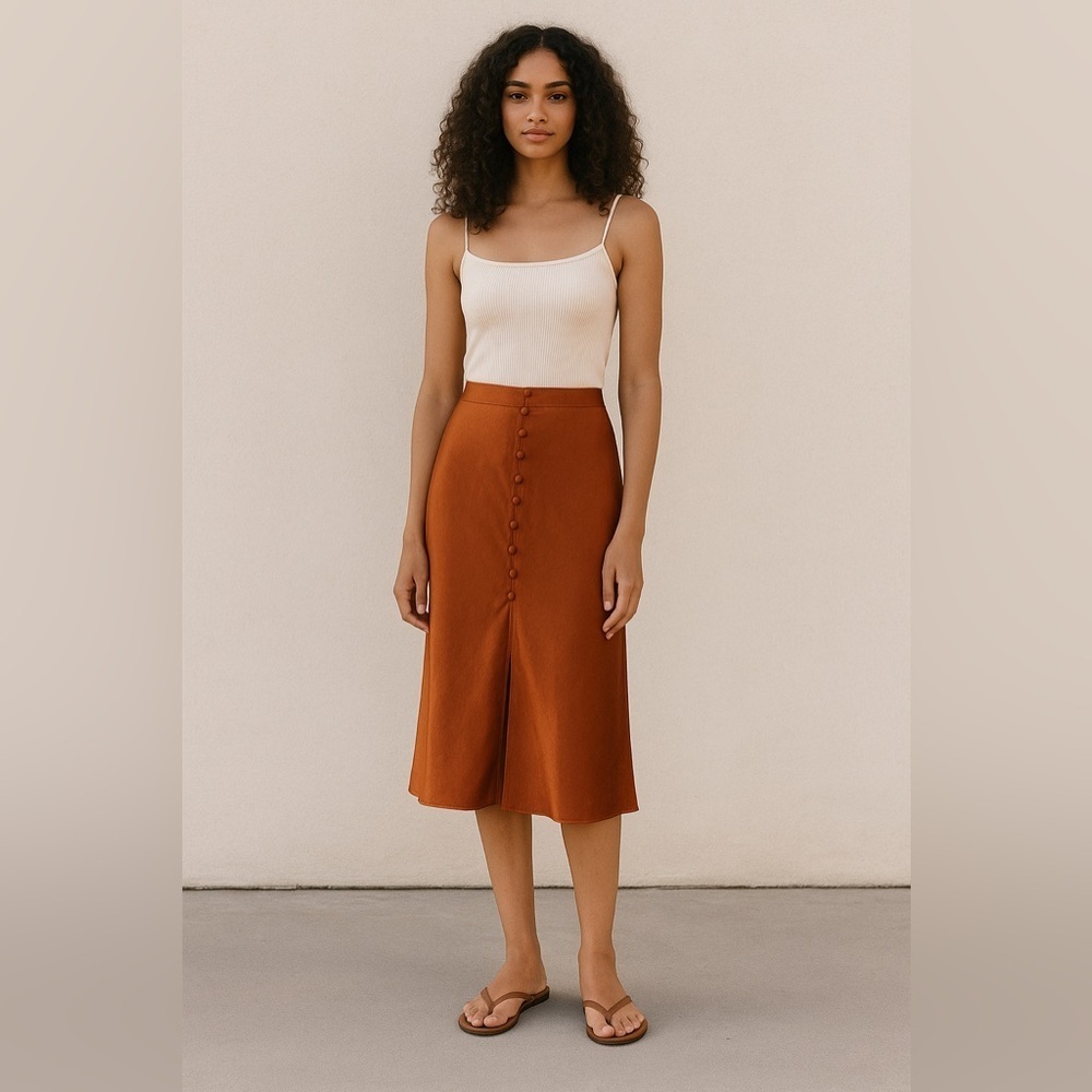 E.ssue Satiny  Orange Rust A Line Midi Skirt w Button Details & Front Slit - Med